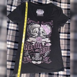 *06* Lethal Angel rattle & roll hot rod skulls V-neck top!
